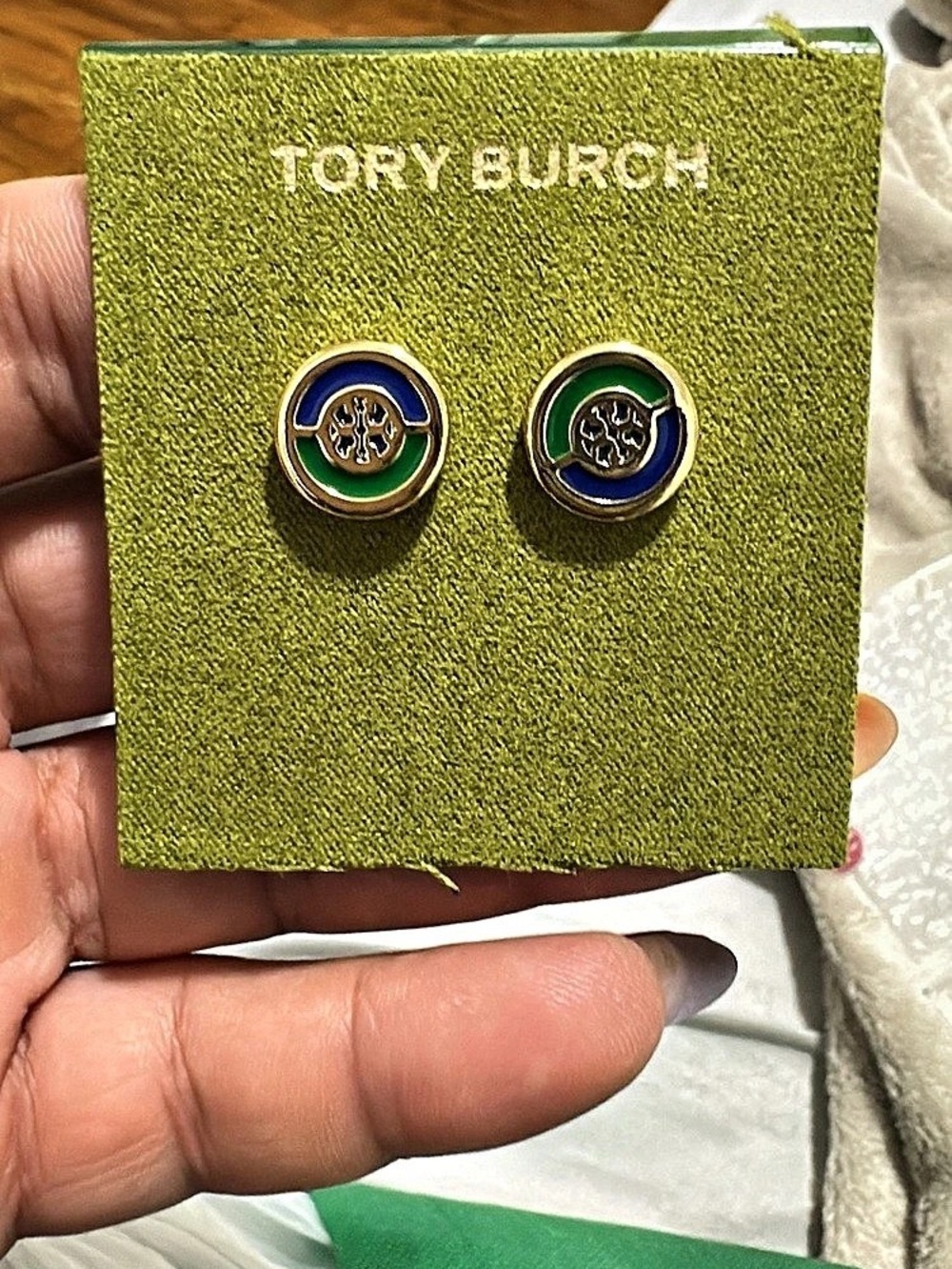 Tory Burch Icon Enamel Circle-Stud Earrings Logo Stud Earrings in Gold & Green